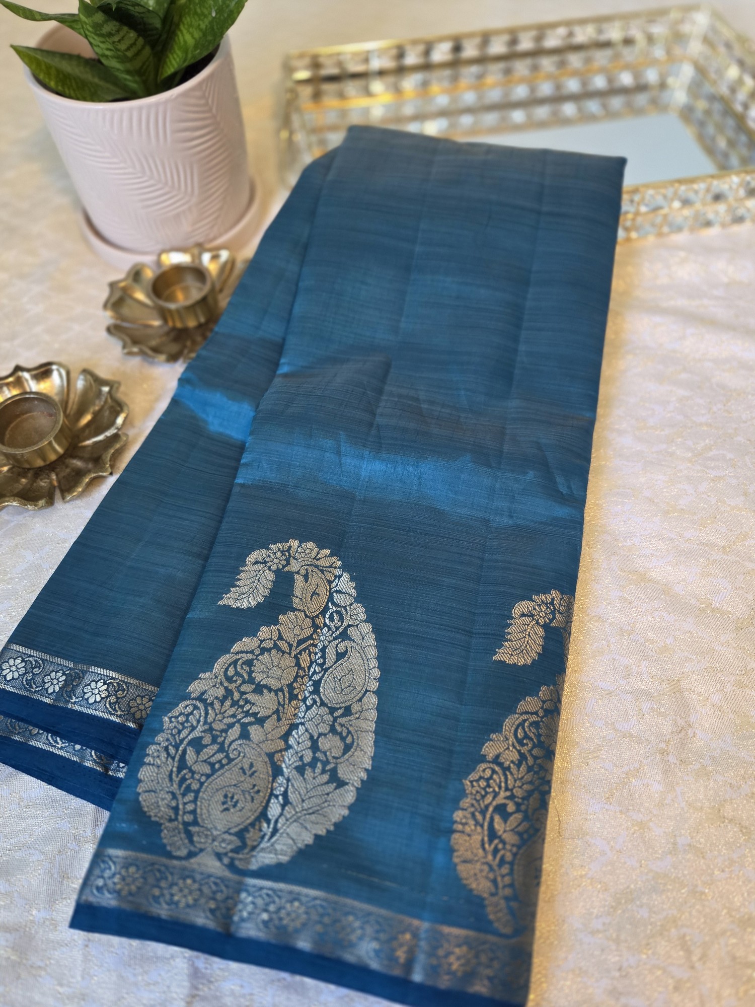 Peacock Blue - Semi Tussar with mango border